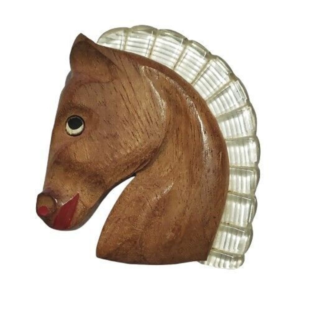 Wood Carved Horse Brooch Lucite Brooch Pin LARGE VINTAGE 3 1/8‎ x 2 3/4 inches